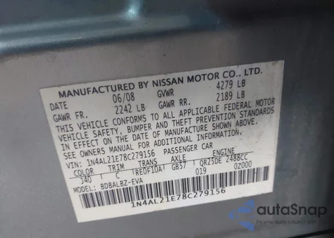 2008 Nissan Altima 2.5 S z USA, uszkodzony, nr VIN 1N4AL21E78C279156